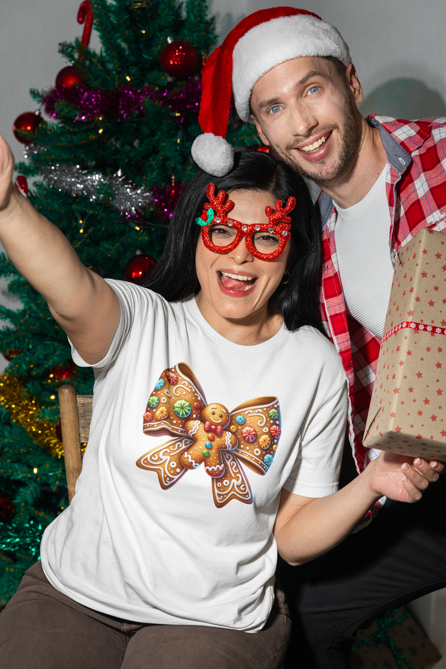 Gingerbread Cookie Bow Christmas Tee | Softstyle Holiday T-Shirt