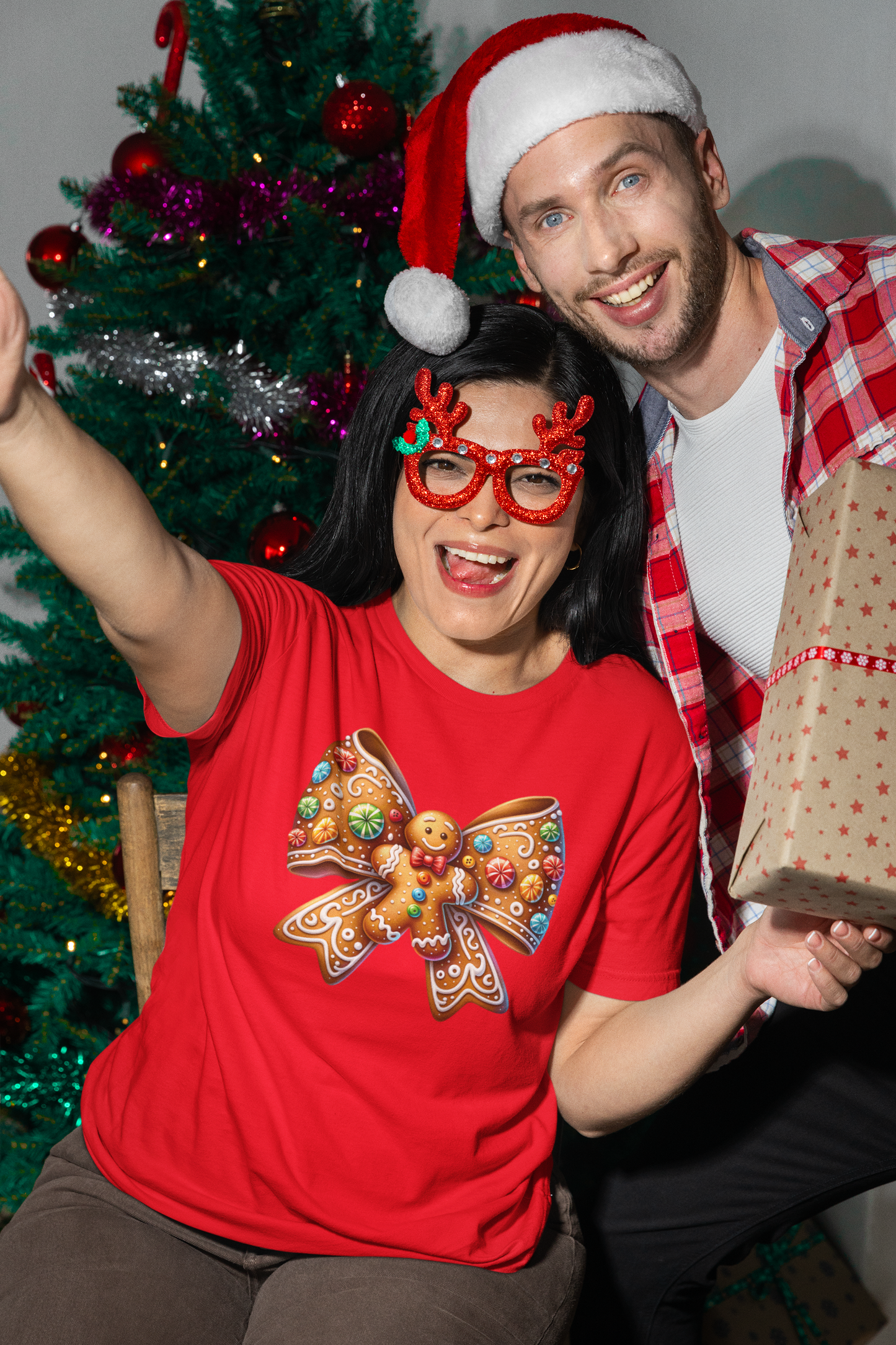 Gingerbread Cookie Bow Christmas Tee | Softstyle Holiday T-Shirt