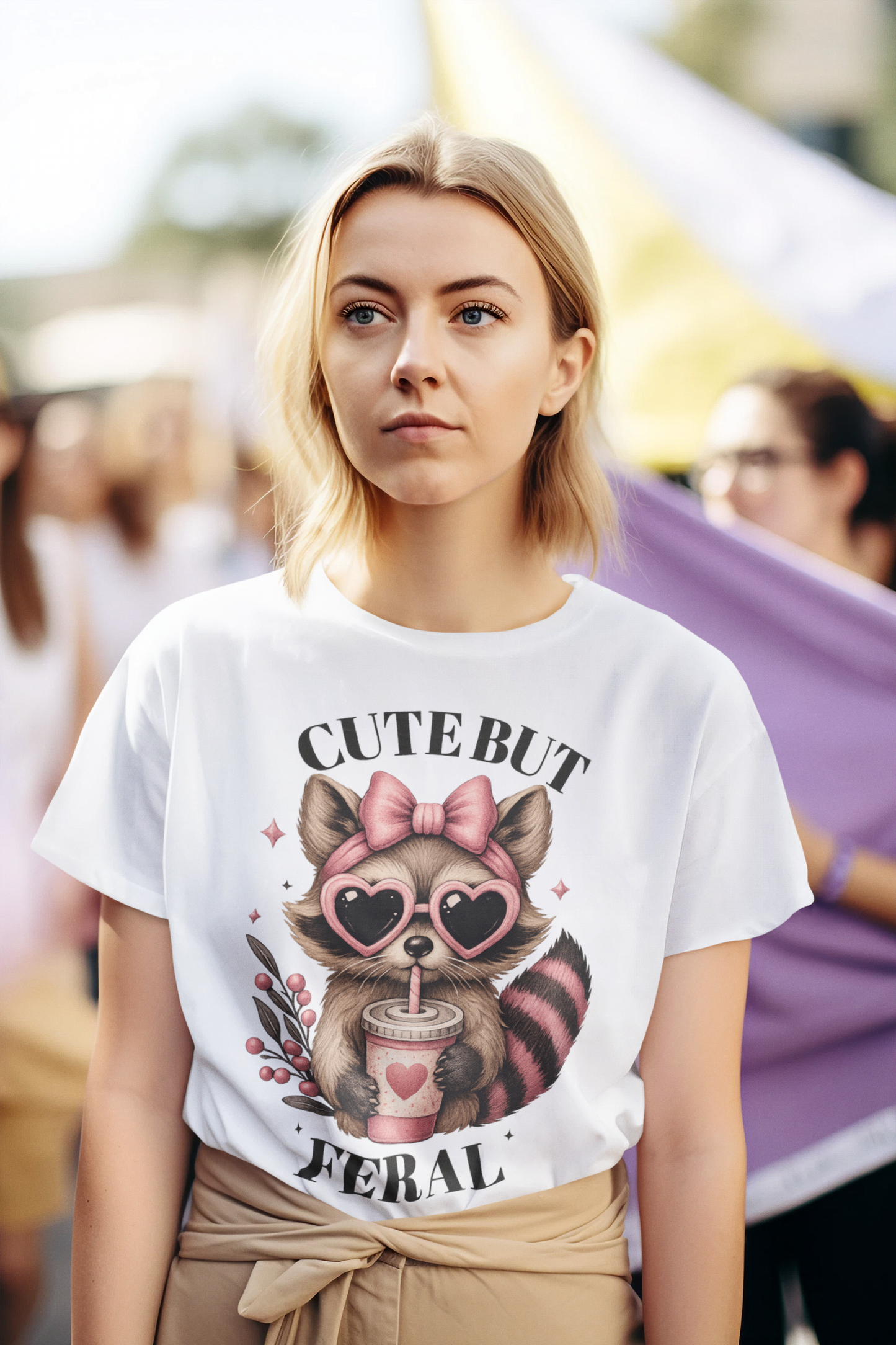 “Cute But Feral Raccoon Shirt – Funny Aesthetic Graphic Tee with Heart Glasses & Bow | Cute Girl Boss Streetwear”