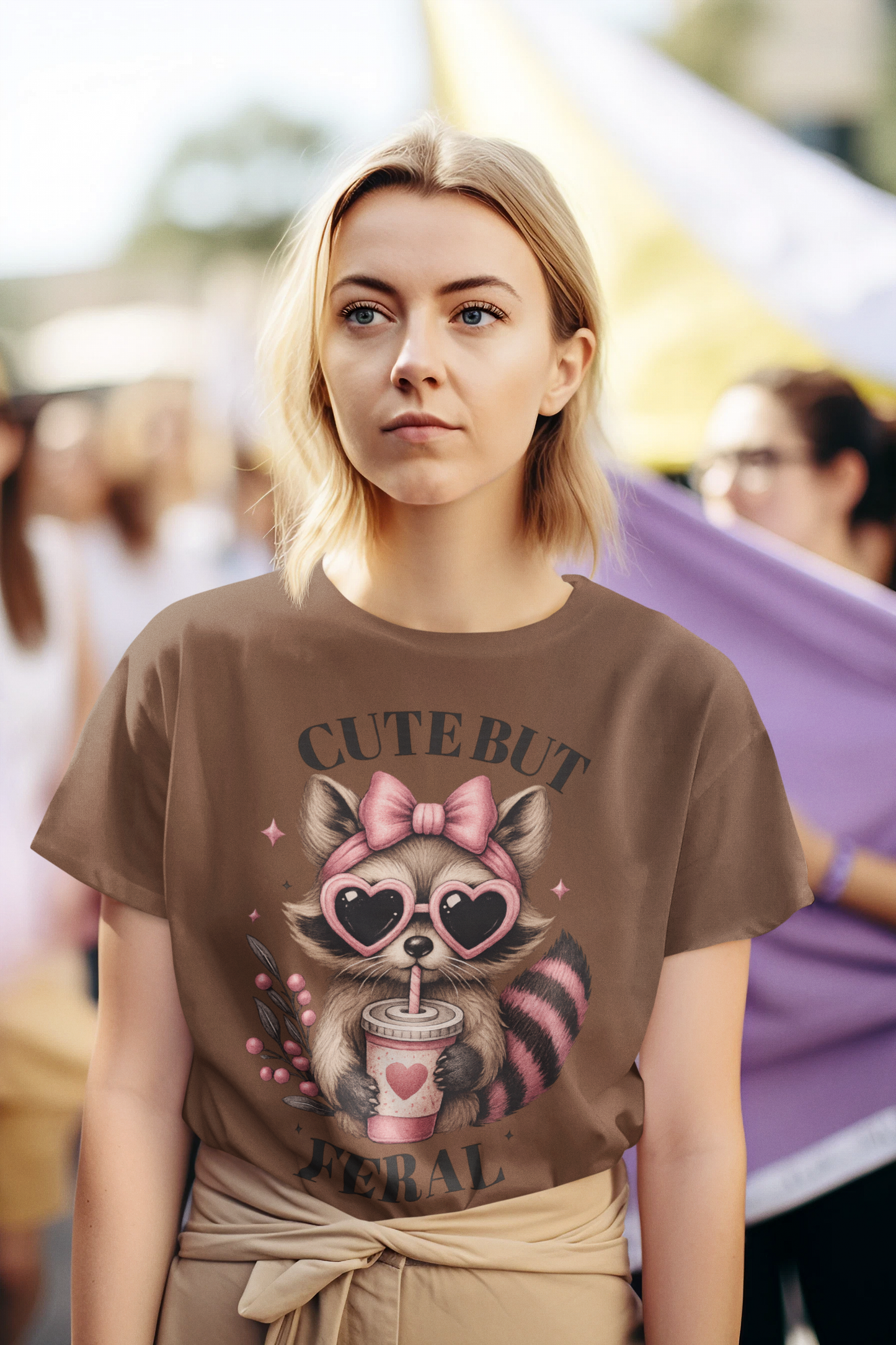 “Cute But Feral Raccoon Shirt – Funny Aesthetic Graphic Tee with Heart Glasses & Bow | Cute Girl Boss Streetwear”