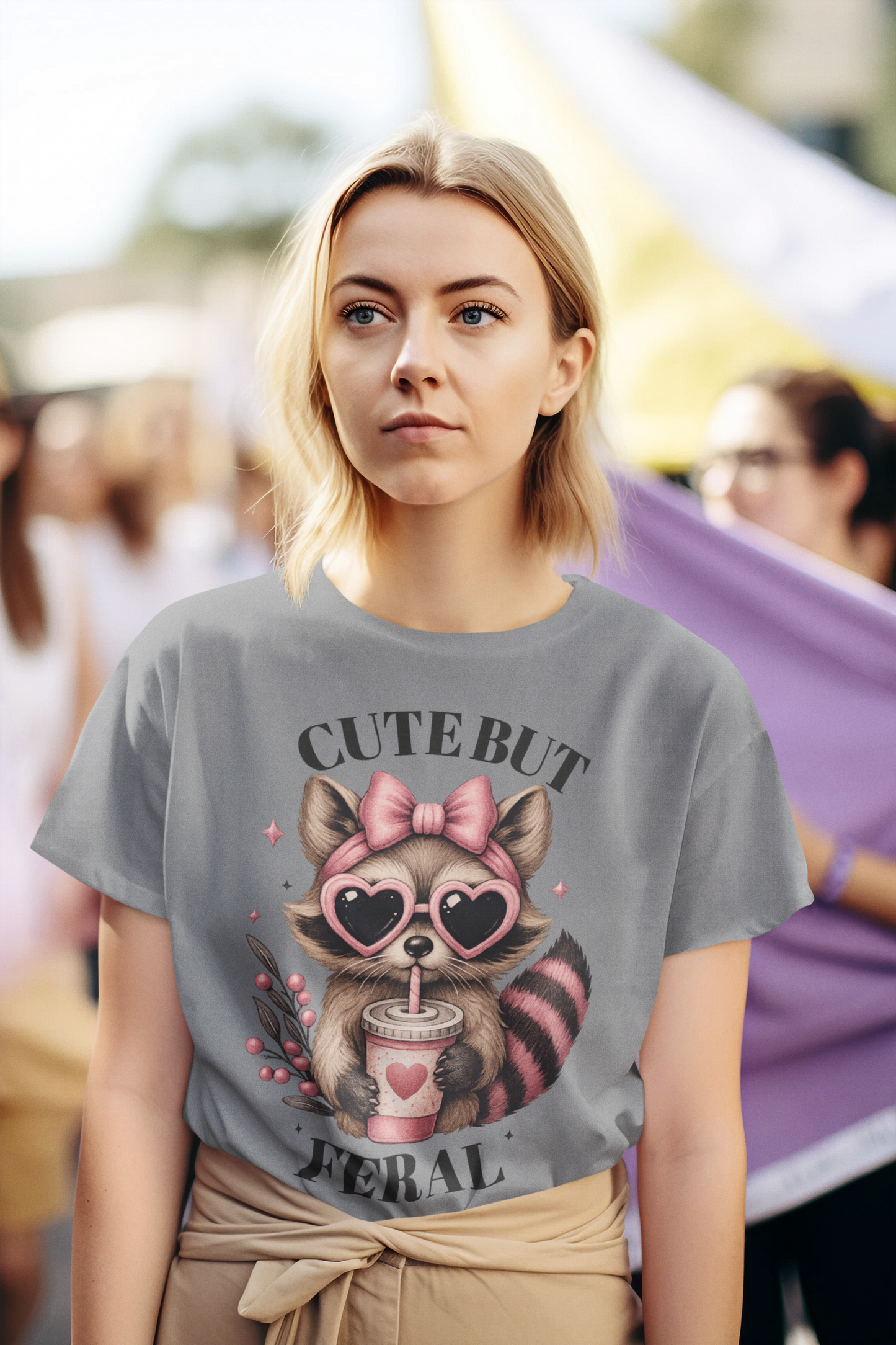 “Cute But Feral Raccoon Shirt – Funny Aesthetic Graphic Tee with Heart Glasses & Bow | Cute Girl Boss Streetwear”