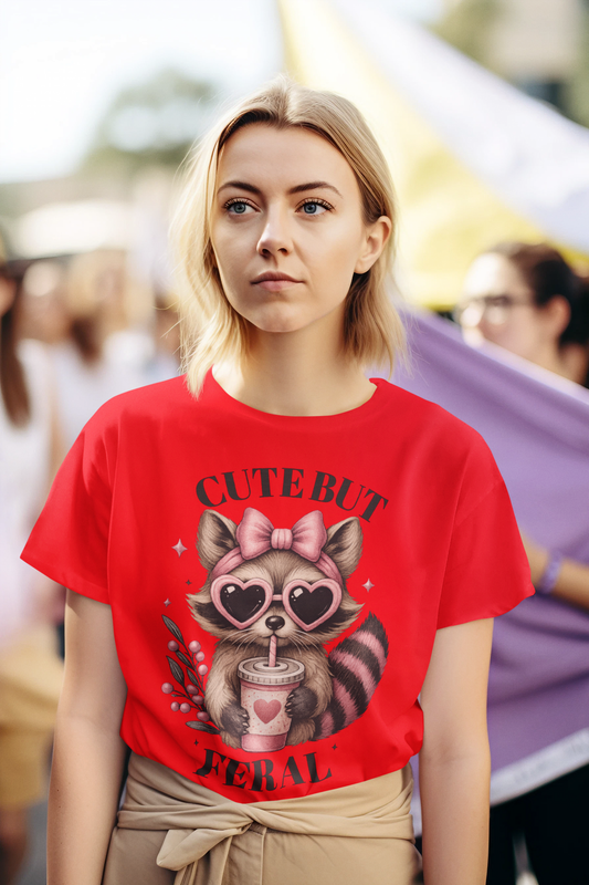 “Cute But Feral Raccoon Shirt – Funny Aesthetic Graphic Tee with Heart Glasses & Bow | Cute Girl Boss Streetwear”